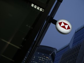 A sign featuring a HSBC Holdings Plc logo hangs outside a bank branch in London, U.K.