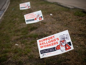 Lawn signs in support of the striking workers picketing from Kellogg Co. are pictured at the Porter Street plant in Battle Creek, Michigan, U.S., December 11, 2021.