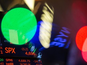 A monitor displays stock market information on the floor of the New York Stock Exchange.