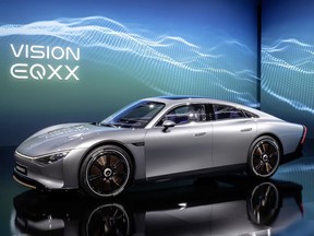 Mercedes-Benz Vision EQXX concept car. The car's battery is 50 per cent smaller and 30 per cent lighter than the one in the company’s EQS electric car, but holds almost 100 kWh of energy, and its size means it can be used in compact cars.
