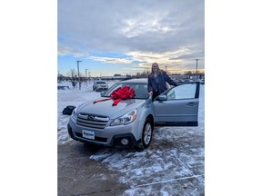 Laurie Kunz was surprised by the generous donation of a 2013 Subaru Outback from Kramer Chevrolet and Kramer Subaru in Mandan, ND.