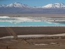 Brine pools from a lithium mine, that belongs U.S.-based Albemarle Corp, on the Atacama salt flat in the Atacama desert, Chile.