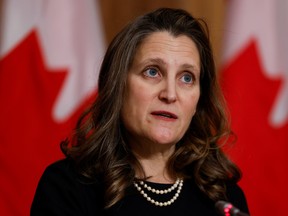 Canada's Deputy Prime Minister and Minister of Finance Chrystia Freeland takes part in a news conference in Ottawa.