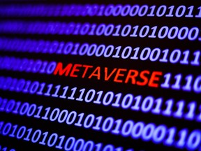 FP CryptoDecoded: Consolidation, GameFi And The Metaverse All Trends To Watch In 2022 - Financial Post 2 A binary code with the word 'metaverse' displayed on a laptop screen is seen in this multiple exposure illustration photo taken in Krakow, Poland on October 25, 2021. (Photo by Jakub Porzycki/NurPhoto)NO USE FRANCE ORG XMIT: porzycki-metavers211025_npuxU
