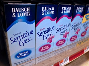 Boxes of Bausch + Lomb Inc. Sensitive Eyes contact lens solution at a pharmacy in the Brooklyn borough of New York.