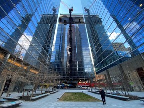 A construction crane above Brookfield's Bay Adelaide North, the third office tower to be constructed at their Bay Adelaide Centre complex property in Toronto, on April 14, 2021.