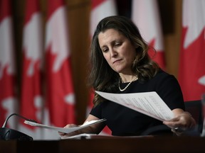 Deputy Prime Minister and Minister of Finance Chrystia Freeland during a joint news conference in Ottawa on Dec. 13, 2021.