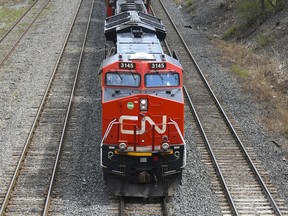 A Canadian National Railway locomotive pulls a train in Montreal.