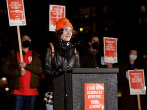 Starbucks Barista Gianna Reeve, part of the organizing committee in Buffalo, New York, speaks in support of workers at Seattle Starbucks locations that announced plans to unionize, during a rally at Cal Anderson Park in Seattle, Washington on Jan. 25, 2022.