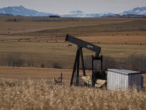 A de-commissioned pumpjack is shown at a well head on an oil and gas installation near Cremona, Alta.