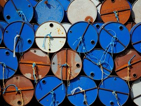 Oil barrels are pictured at the site of Canadian group Vermilion Energy in Parentis-en-Born, France.