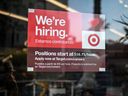 An advertising sign for new employees in the window of a Target store in Hollywood, California.
