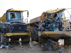 An RCMP photo of damaged trucks after the assault at the Coastal GasLink drilling site. An attempt was made to set a vehicle on fire while workers were inside, RCMP said.