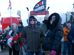 Protesters at the road block on Highway 4 outside of Milk River heading towards the Coutts border crossing.