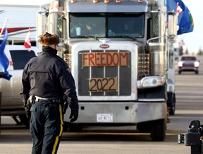 The road block on Highway 4 outside of Milk River, Alberta heading towards the Coutts border crossing as protesters continue to slow down traffic but still keep a lane open in both directions on Tuesday.