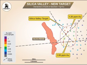 Silica Valley target defined by a lag geochemical anomaly, with the surface projection of the Silica Ridge Mineral Resource Estimate and interpreted faults striking northwest, northeast and east-west.