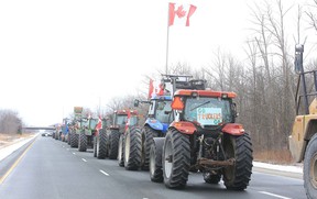 The Ontario Provincial Police closed the westbound lanes of Highway 402 between Nauvoo Road and Forest Road in Lambton County because 20 farm vehicles were parked on the road. The farmers, some of them local landowners, were joining the protest against vaccine mandates.