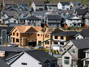 Homes under construction in a development in Langford, British Columbia.  Housing starts fell in January compared to the previous month.