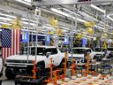 Hummer EV on the production line at the General Motors 'Factory ZERO' electric vehicle assembly plant in Detroit, Michigan. 