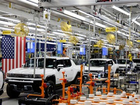 Hummer EV on the production line at the General Motors 'Factory ZERO' electric vehicle assembly plant in Detroit, Michigan.