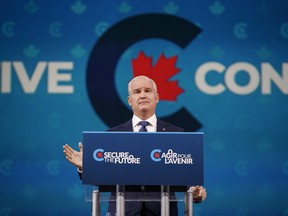 Erin O'Toole, former leader of Canada's Conservative Party, during an election night event in Oshawa, Ont., on Sept. 21, 2021.