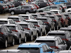 Toyota Motor Corp.'s Rav4 sport utility vehicles sit in a lot at the company's manufacturing facility in Cambridge, Ont.