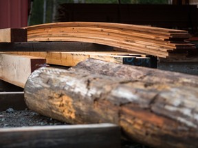 Cut boards and lumber at a sawmill in Sooke, B.C.