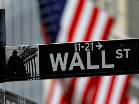 A sign for Wall Street outside the New York Stock Exchange in Manhattan.