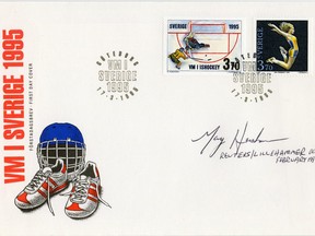 An envelope with a branded Corery Hirsch on Peter Forsberg during the 1994 Winter Olympics stamp affixed to it.