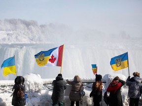 People rally in support of Ukraine and against Russia during a protest in Niagara Falls on Jan. 30, 2022.