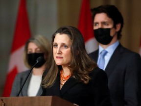 Canada's Deputy Prime Minister and Minister of Finance Chrystia Freeland speaks at a news conference about the situation in Ukraine with Canada's Prime Minister Justin Trudeau and Canada's Minister of Foreign Affairs Melanie Joly, in Ottawa.