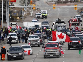 Truckers and supporters block access to the Ambassador Bridge to protest against COVID-19 vaccine mandates in Windsor, Ont.
