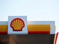 A Shell petrol station sign in Milton Keynes, Britain.