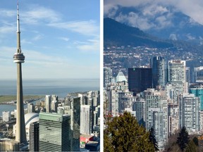 Toronto, left, has overtaken Vancouver, right, to become Canada's most expensive housing market, says RBC.