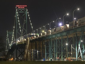 Trucks line up to cross the Ambassador Bridge in December 2021.