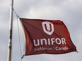 Unifor's union flag in Oshawa, Ont.