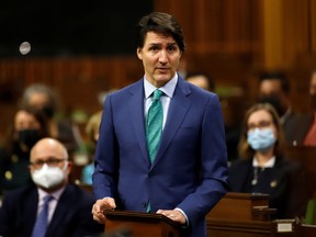 Prime Minister Justin Trudeau speaks in the House of Commons about the implementation of the Emergencies Act on Thursday.