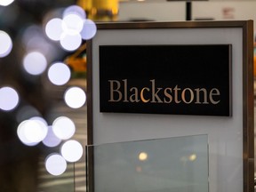 Signage outside the Blackstone headquarters in New York.