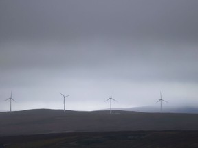 Wind turbines are seen on the Shetland Islands, north of Scotland.