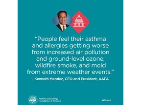"People feel their asthma and allergies getting worse from increased air pollution and ground-level ozone, wildfire smoke, and mold from extreme weather events." - Kenneth Mendez, CEO and President, AAFA