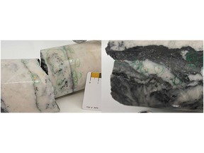 Figure 1: Left: Photo of mineralization from NFGC-21-256A approximately 161.2 m down hole depth and Right: NFGC-21-285 approximately 70.28m down hole depth. Note that these photos are not intended to be representative of gold mineralization in hole NFGC-21-256A and NFGC-21-385.