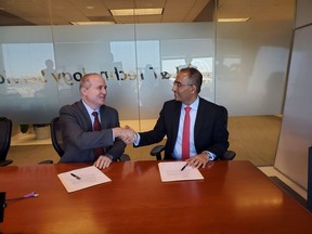 Martin Peryea, CEO (left) of Jaunt Air Mobility signs an agreement with Amit Chadha, CEO of LTTS (right). Jaunt announced today the company would be working with L&T Technology Services Limited as an essential engineering partner on the Jaunt Journey eVTOL (electric Vertical Takeoff and Landing) air taxi.