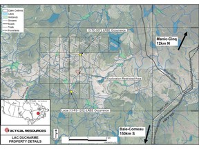 Lac Ducharme Location map - yellow circles indicate two anomalous samples returned during 2013 sampling.