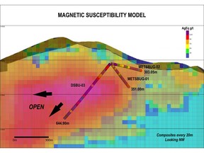 Preliminary W-E Geological Cross Section with Drill Holes METSBUG-01, METSBUG-02 and DSBU-03 (looking northwest)