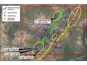 Location of air core drilling and significant drill intercepts on the Moribala permit.