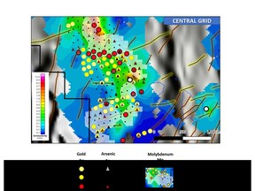 Central Grid Ah (humus) gold-arsenic-molybdenum soils plotted on -80m conductivity slice fault interpretation on shadowed regional OGS magnetic base (scale as in Figs 1 and 2).  See text for further details.