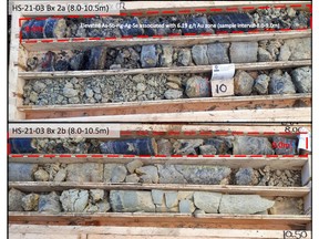 Drill core photos of elevated grade zone (6.19 g/t Au over 1.0m from 8.0m-9.0m) in HS-21-03, exhibiting intense silicification, breccia textures, faults, and oxidized fractures.