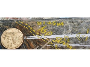 Figure 5 Massive arsenopyrite veinlet, 81.25m in GBDD001, preceding interval 81.75-82.5 which returned 2,949ppm As
