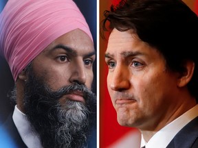 NDP Leader Jagmeet Singh, left, and Prime Minister Justin Trudeau have reached a deal to keep the Liberals in power until 2025.
