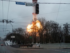 A blast is seen in the TV tower, amid Russia's invasion of Ukraine, in Kiev on March 1, 2022.